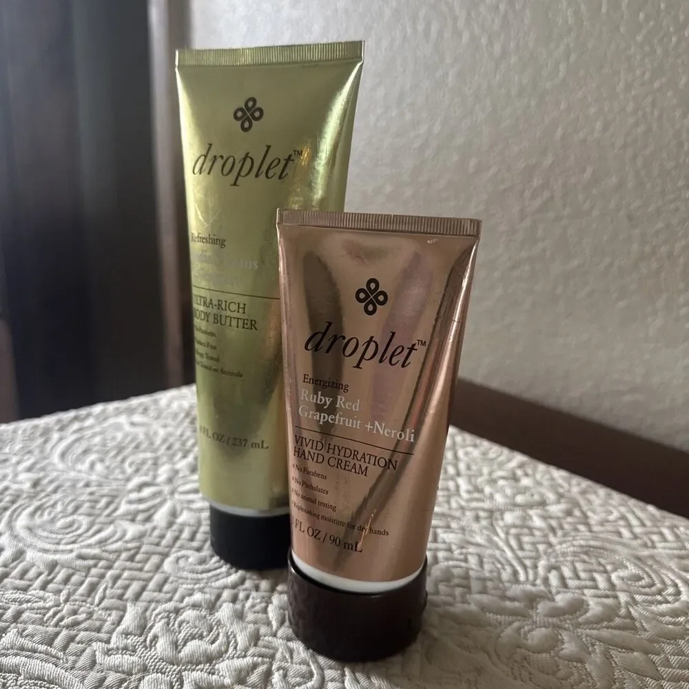 Droplet Ruby Red Grapefruit+Neroli hand cream, Indian Lotus+Seagrass Body Butter
